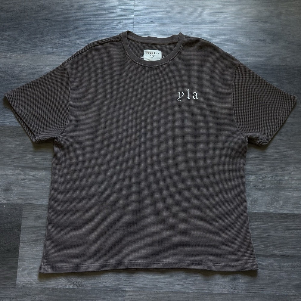 YoungLA Waffle Thermal Oversized T-shirt Mens XL Brown Embroidered Streetwear